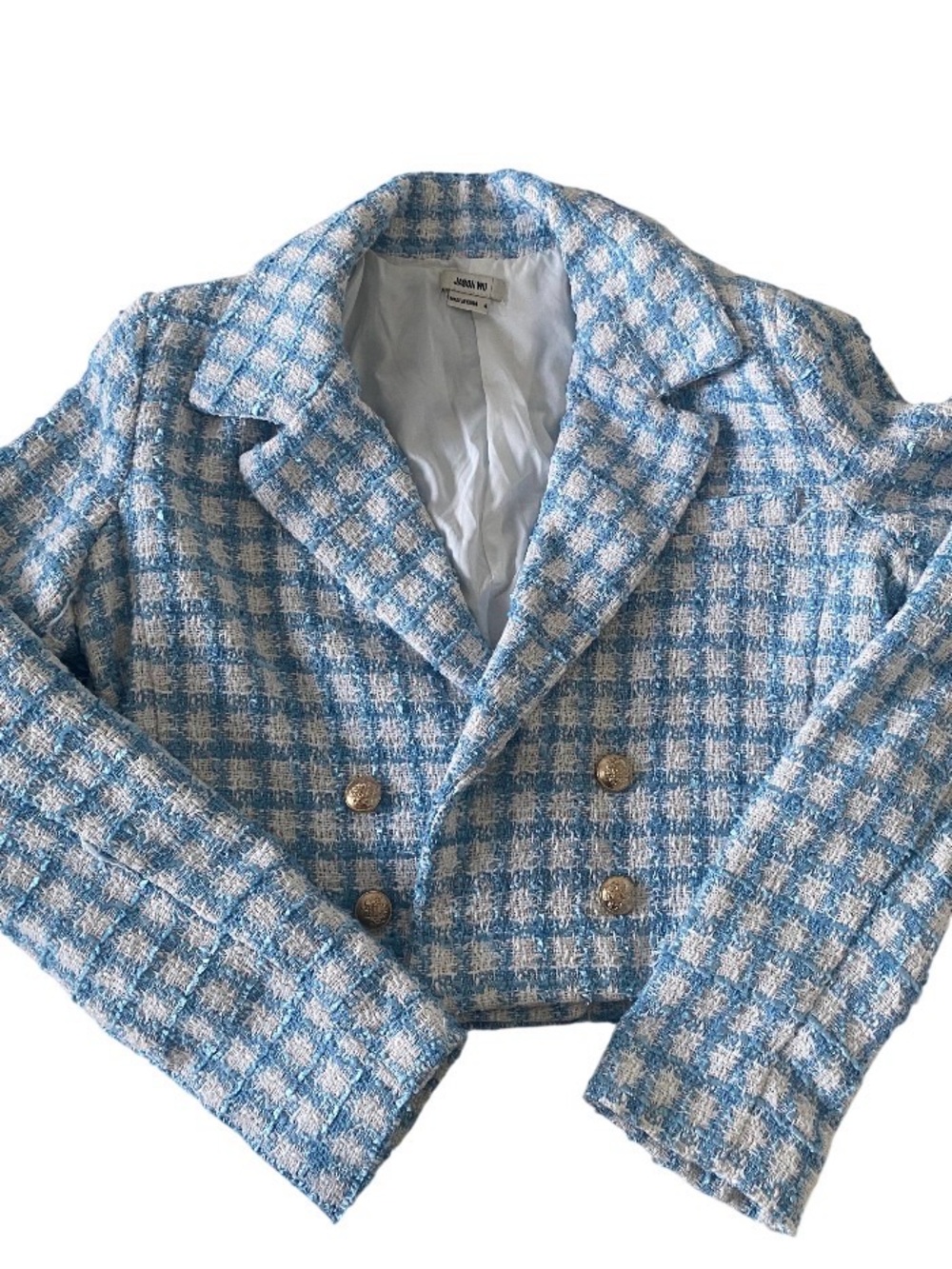 Jason Wu Blue & White Cropped Tweed Double-Breasted Jacket